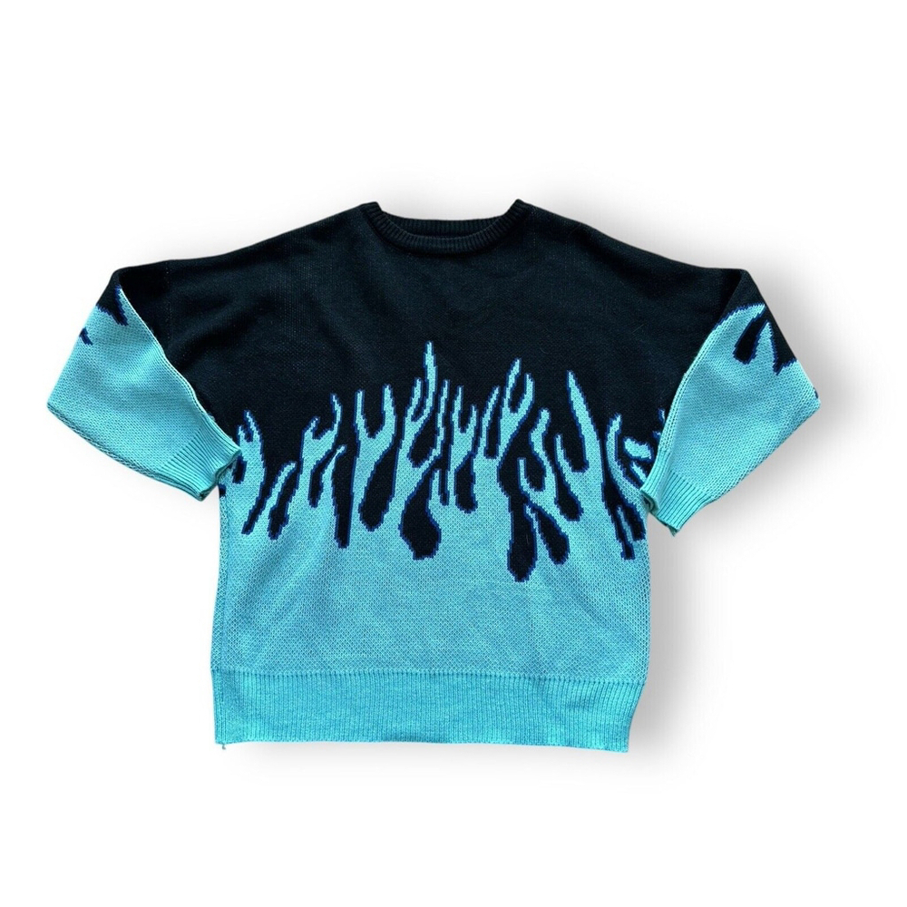 Y2K Flame Fire Sweater Black Blue Mens Knit Pullover